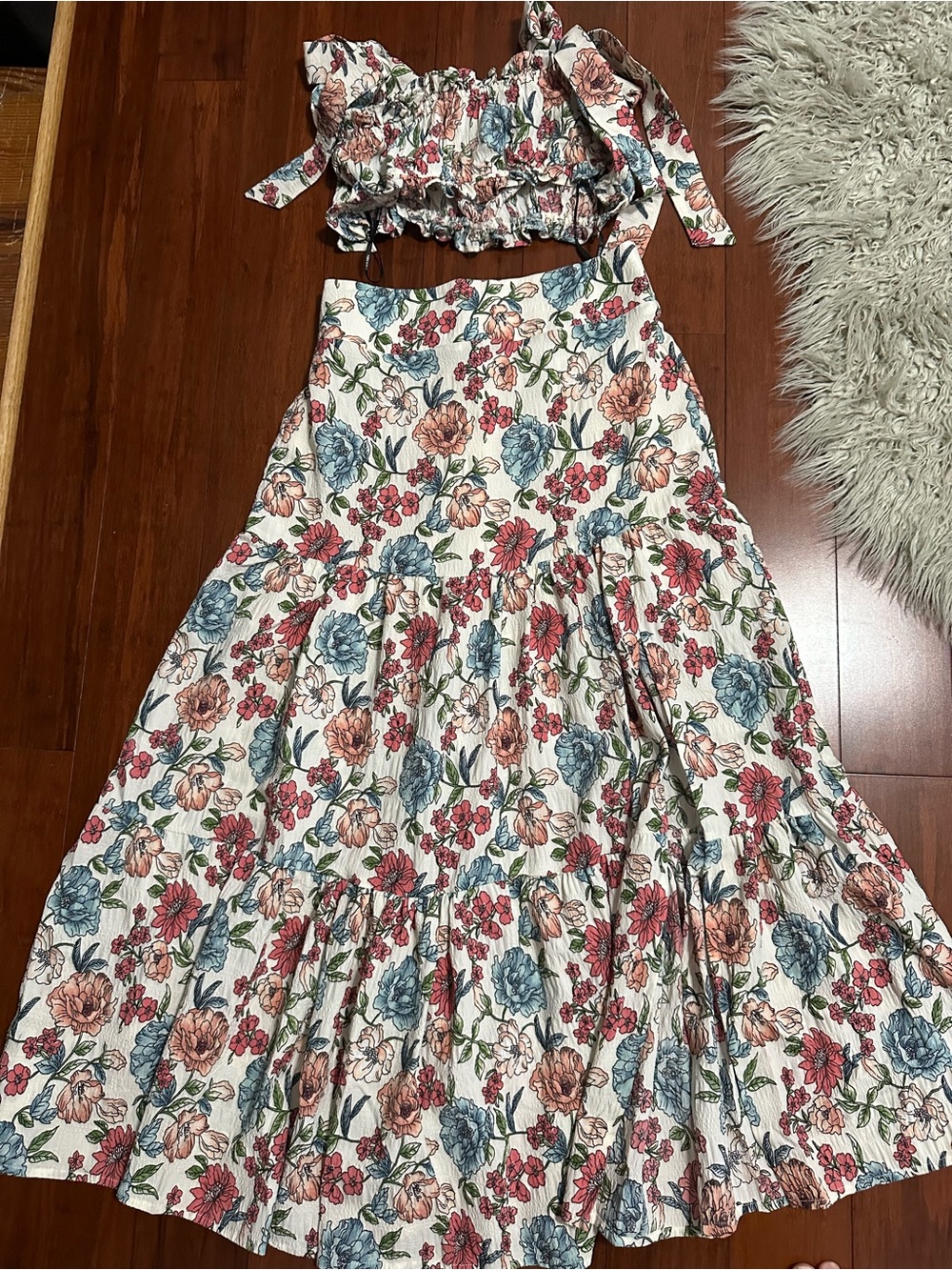 Forever 21 Floral Maxi Skirt in Cream with Blue & Pink Flowers